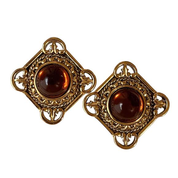 Vintage AVON Gold Plate Amber Cabochon Bold and Classic Clip Earrings - Picture 1 of 3